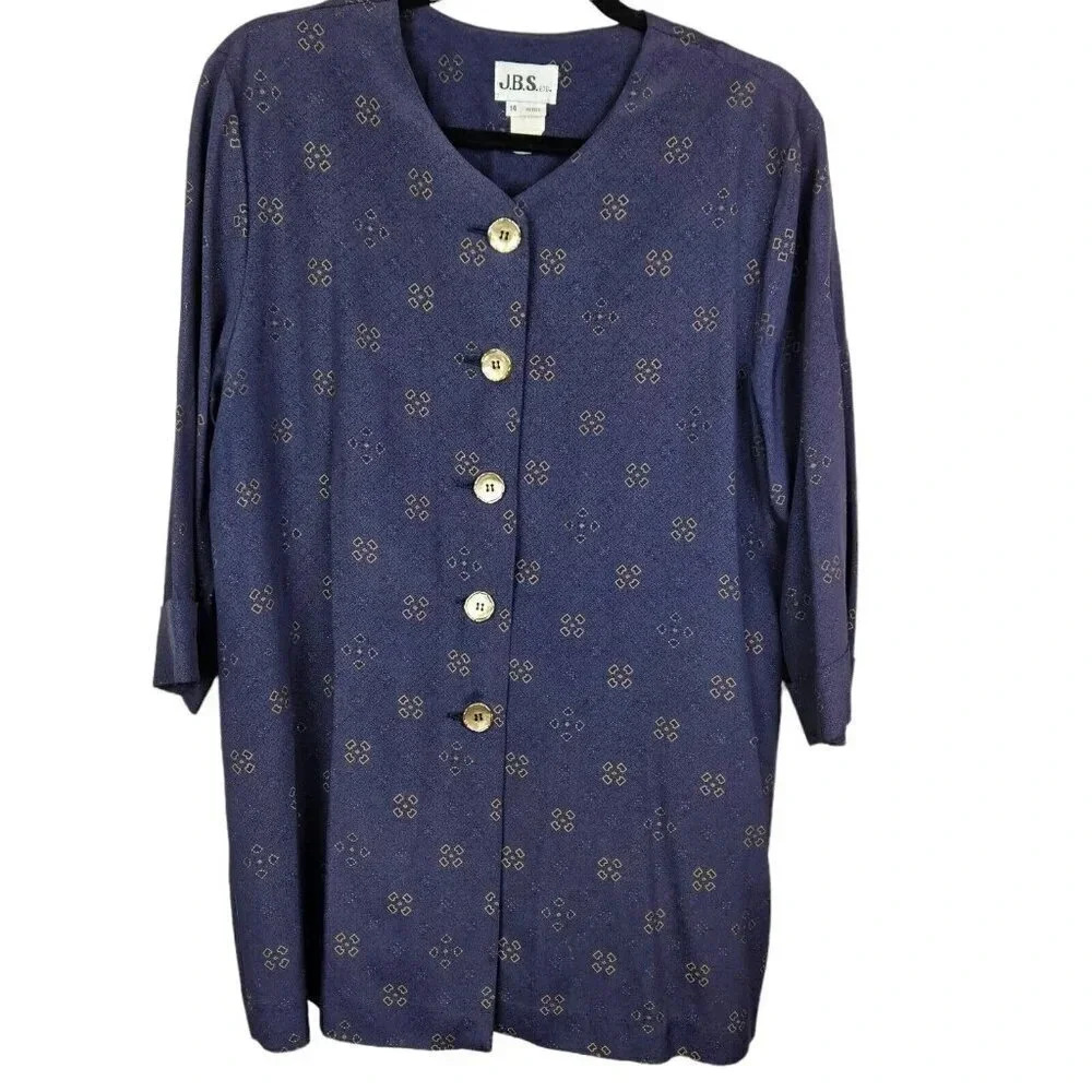 Vintage J.B.S. Ltd Blue Patterned 3/4 Sleeve Tunic Button Front‎ Womens Size 14P